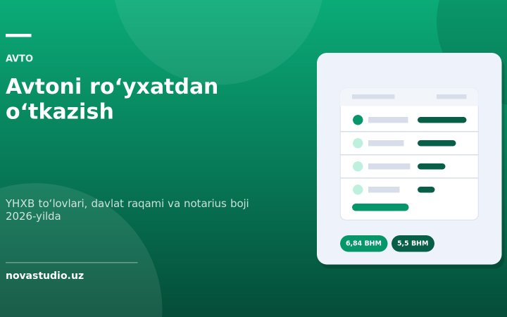 Avtomobilni roʻyxatdan oʻtkazish 2026: YHXB toʻlovlari va davlat raqami narxi