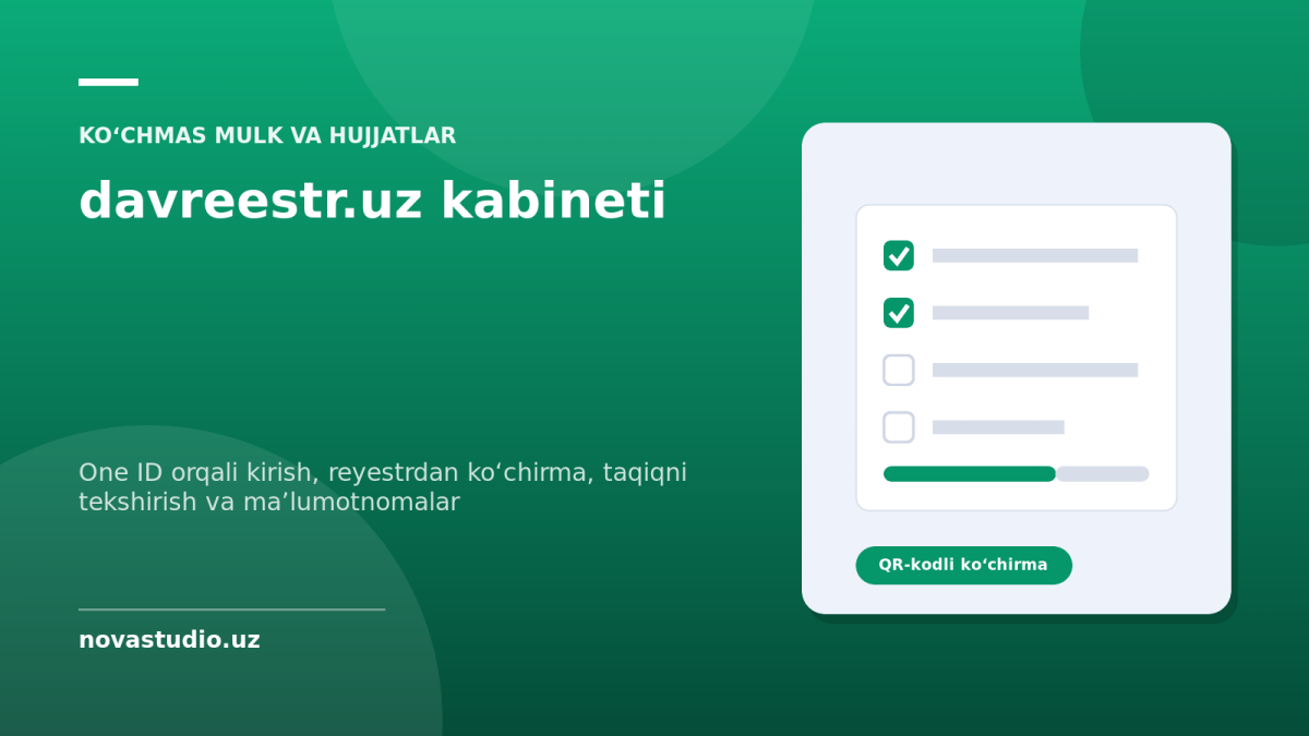 davreestr.uz kabineti: One ID orqali kirish, davlat reyestridan QR-kodli koʻchirma, bepul taqiq tekshiruvi va uch kunlik maʼlumotnomalar